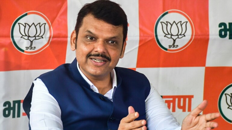 Devendra Fadnavis at a BJP event in Maharashtra, addressing supporters